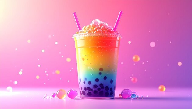 Colorful Rainbow Bubble Tea Drink in Vibrant Pink Background