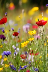 Fototapeta premium Field flowers bloom under clear sky on sunny day in spring season near countryside path
