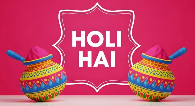 Vibrant holi celebration with colorful pits and holi hai message