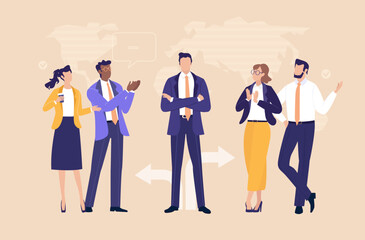 Business Synergy Team. Group  of a successful professionals surrounded by gears, charts, arrows, and  symbolising collaboration, strategy, communication, and continuous success