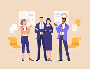 Business Synergy Team. Group  of a successful professionals surrounded by gears, charts, arrows, and  symbolising collaboration, strategy, communication, and continuous success