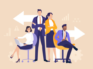 Business Synergy Team. Group  of a successful professionals surrounded by gears, charts, arrows, and  symbolising collaboration, strategy, communication, and continuous success