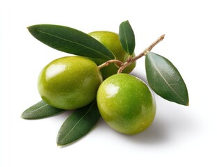 A sprig of green olives with glossy skin and leaves on a clean white background