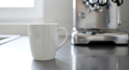 Obraz premium White coffee mug on modern kitchen counter beside espresso machine in morning light