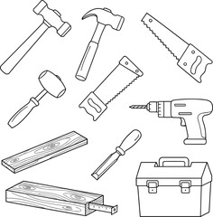 Professional black line vector illustrations of essential hand tools including hammers saws drill and toolbox।