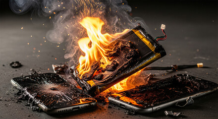 A swollen lithium battery that bursts and catches fire, a damaged external battery case indicates a risk of overheating, explosion of the smartphone