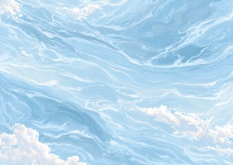An abstract, detailed illustration of an expanse of wavy, light-blue water with white clouds