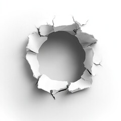 A perfectly circular hole torn in white paper, with jagged edges and deep shadows