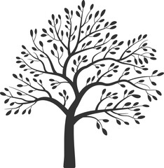 Fototapeta premium Stylized tree silhouette with thick trunk and full leafy branches, black vector design for nature, growth, family tree, and symbolic themes