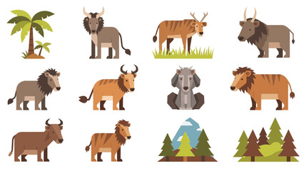 Diverse Wildlife Collection Vector Illustration Set, Stylized Animals in Various Poses for Educational and Design Projects