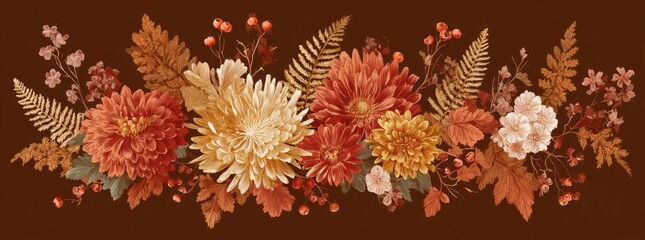 A decorative floral illustration, featuring a mix of flowers, leaves, and berries in autumn colors
