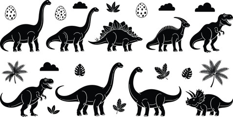 Black Silhouette Dinosaur Vector Collection Featuring T-Rex, Stegosaurus, Triceratops, Brontosaurus, Eggs, and Prehistoric Plants Isolated on White Background Illustration © Saila