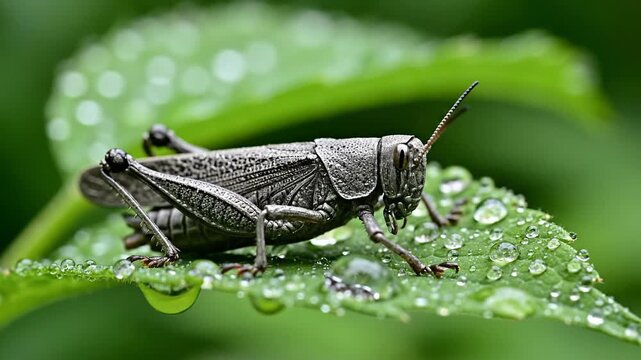Close-up of a grasshopper on a wet leaf with water droplets, macro shot, nature detail
