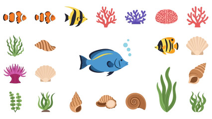 Collection of Various Cartoon Sea Creatures and Plants. © Afif