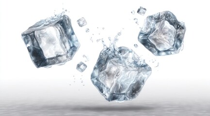 Obraz premium Transparent ice cubes suspended in air with water splashes against a white backdrop