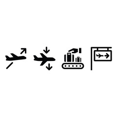 airport silhouette icons, airplane takeoff, landing, baggage claim, gate sign, minimal bold black vector icon pack