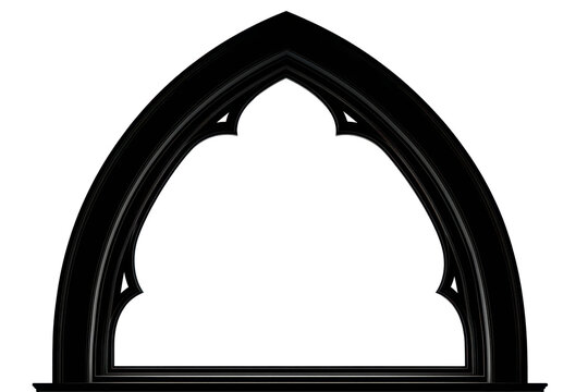 Gothic arched window silhouette with a pointed arch and inner frame details, clean dark shape suitable for decorative design overlays, isolated on transparent background.