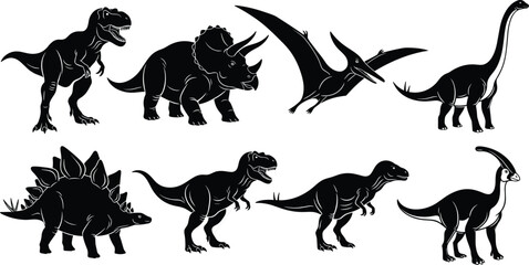 Collection of Eight Black Silhouette Prehistoric Dinosaurs Including T-Rex, Stegosaurus, Triceratops, and Pterodactyl Vector Illustration Isolated on White Background © Saila