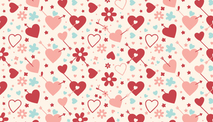 Seamless pattern with pink and red Valentines hearts Cupid arrows and flowers Ideal for romantic design