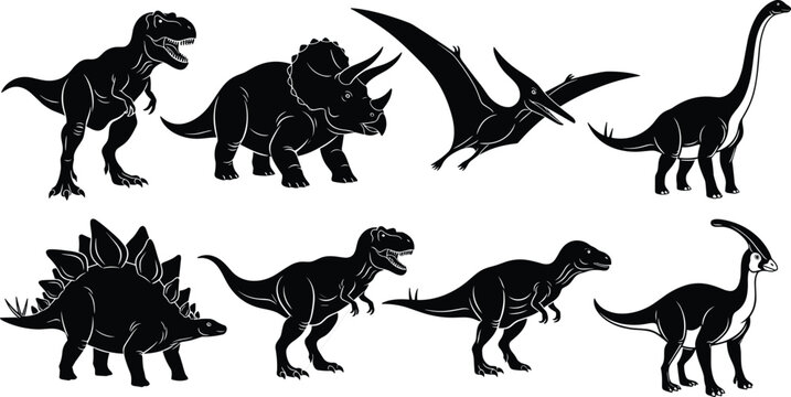 Collection of Eight Black Silhouette Prehistoric Dinosaurs Including T-Rex, Stegosaurus, Triceratops, and Pterodactyl Vector Illustration Isolated on White Background