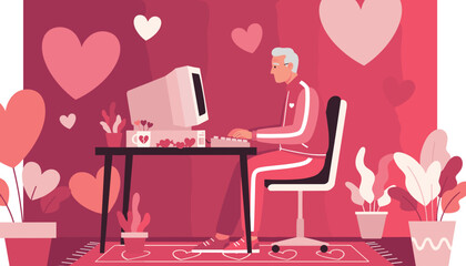 Senior man typing on a retro computer navigating online love and romance in a pink heartfilled room