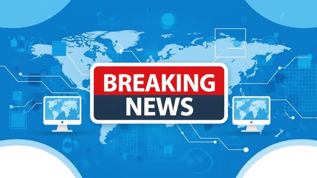 A modern "Breaking News" motion graphic featuring a stylized world map in a blue corporate color scheme. 