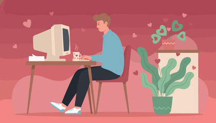 Man typing on a vintage computer surrounded by hearts representing online dating or Valentines connection