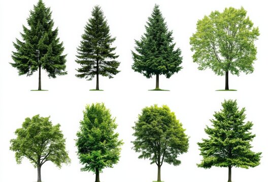 Collection of green trees on white background showing different types of trees for identification and study