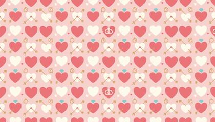 Seamless romantic vector pattern with hearts Cupids arrows diamonds and wedding rings on pink background