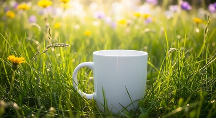 White coffee mug in sunny spring meadow grass with blooming wildflowers