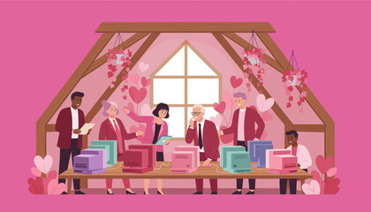 Business team uses vintage computers in a pink heartthemed creative office workspace