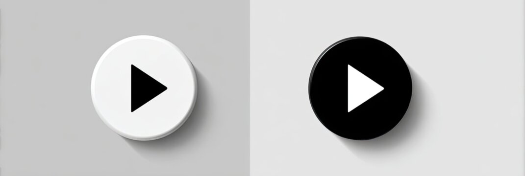 Two circular buttons with play symbols, one white on black, and one black on white, on light gray