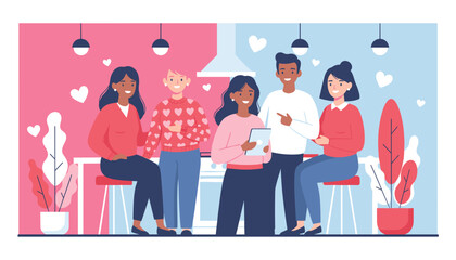 Diverse friends socializing in a colorful setting happy young people connecting and using technology