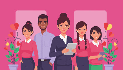 Diverse business team smiling collaborating in a colorful office illustration Professional success concept