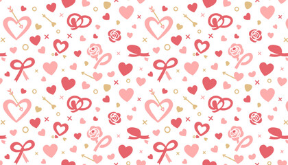Romantic seamless pattern with hearts roses bows and rings for love wedding or Valentines Day design