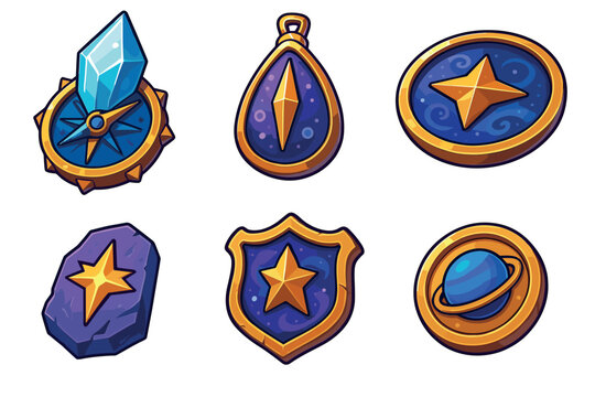 Vibrant collection of fantasy game asset icons featuring a crystal compass, star shield, planet token, magic amulet, and rune stone, illustrated in a bold cartoon style