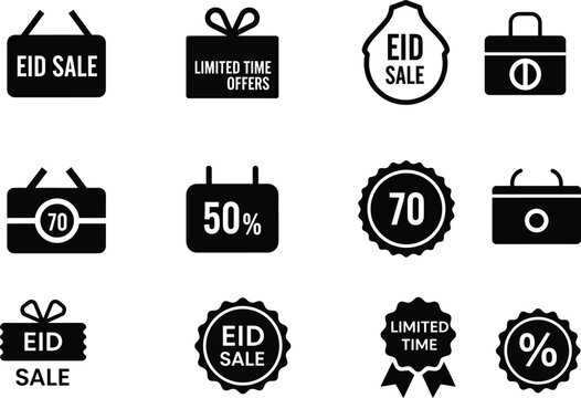 Diverse collection of black and white vector icons for Eid sale, limited-time offers, and special discount promotions, perfect for marketing campaigns and online shopping platforms