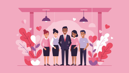Diverse business team standing in a loving pink heartthemed environment Teamwork and appreciation concept