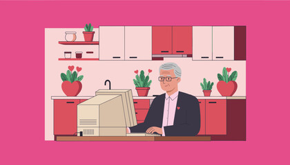 Elderly man using retro PC in a bright kitchen illustration embracing technology and connection