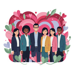 Diverse business team smiling against a heart motif representing community collaboration and social care