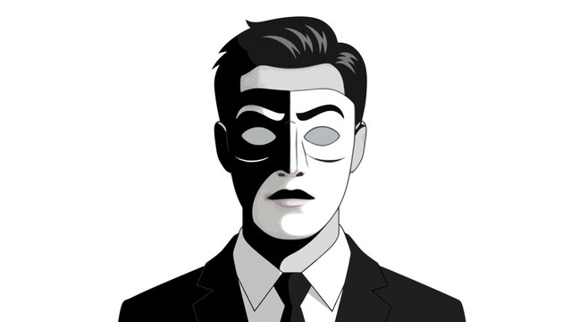 Man with Split Face Mask, Black and White, Dramatic Contrast, Mysterious Persona, Conceptual Portrait, Graphic Style, Isolated on White Background