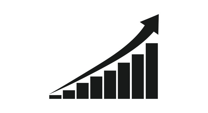 A striking black graphic depicts a rising bar chart with an upward pointing arrow symbolizing growth and progress silhouette high quality