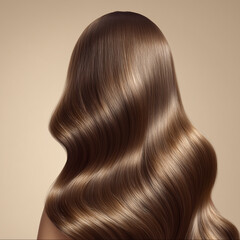 Fototapeta premium Elegant Brown Hair with Soft Waves on Neutral Beige Background Under Studio Lighting
