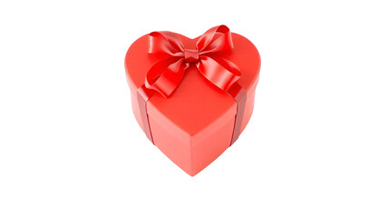 Obraz premium Red gift box in the shape of a heart with a satin ribbon and a bow. Romantic gift clipart isolated on transparent background element for Valentine's Day or birthday celebration.
