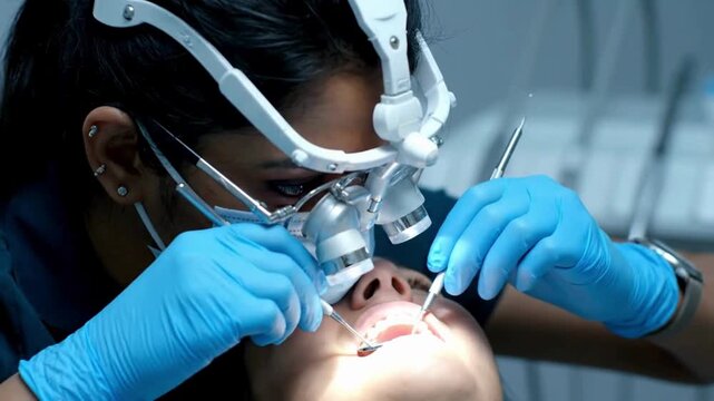 A skilled dentist, wearing specialized equipment, meticulously examines a patient's teeth. The focus is on precision, care, and the pursuit of optimal dental health. 