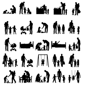 Set of 32 family silhouettes showing parents and children in everyday life: walking together, holding hands, playing, caring for babies, pushing stroller, bedtime moments, home activities, outdoor sce