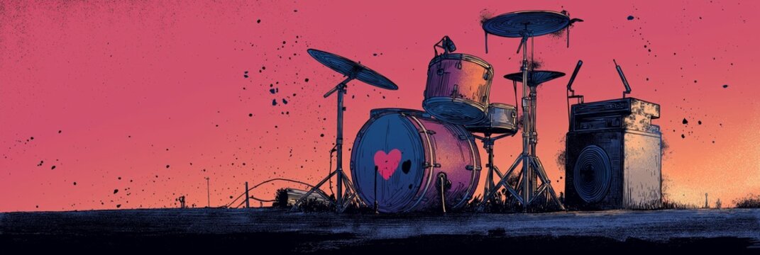 Drummer playing love song on urban rooftop. Drummer performing on a city rooftop at sunset, playing a song about love