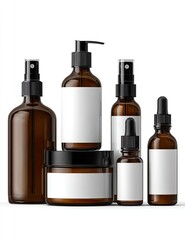 Group of amber glass cosmetic bottles and jars with blank white labels on white