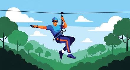 Young man ziplining across a deep forest valley, modern vector illustration highlighting speed, adrenaline, courage, and extreme outdoor adventure experience © meeblues