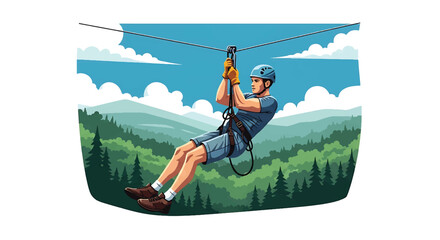 Young man ziplining across a deep forest valley, modern vector illustration highlighting speed, adrenaline, courage, and extreme outdoor adventure experience © meeblues